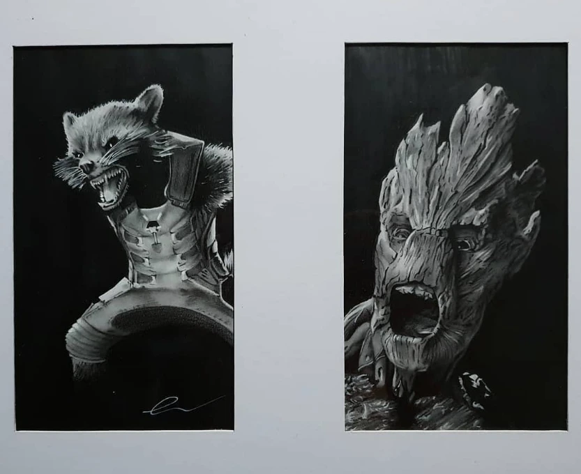 Rocket and Groot Pencil Drawing